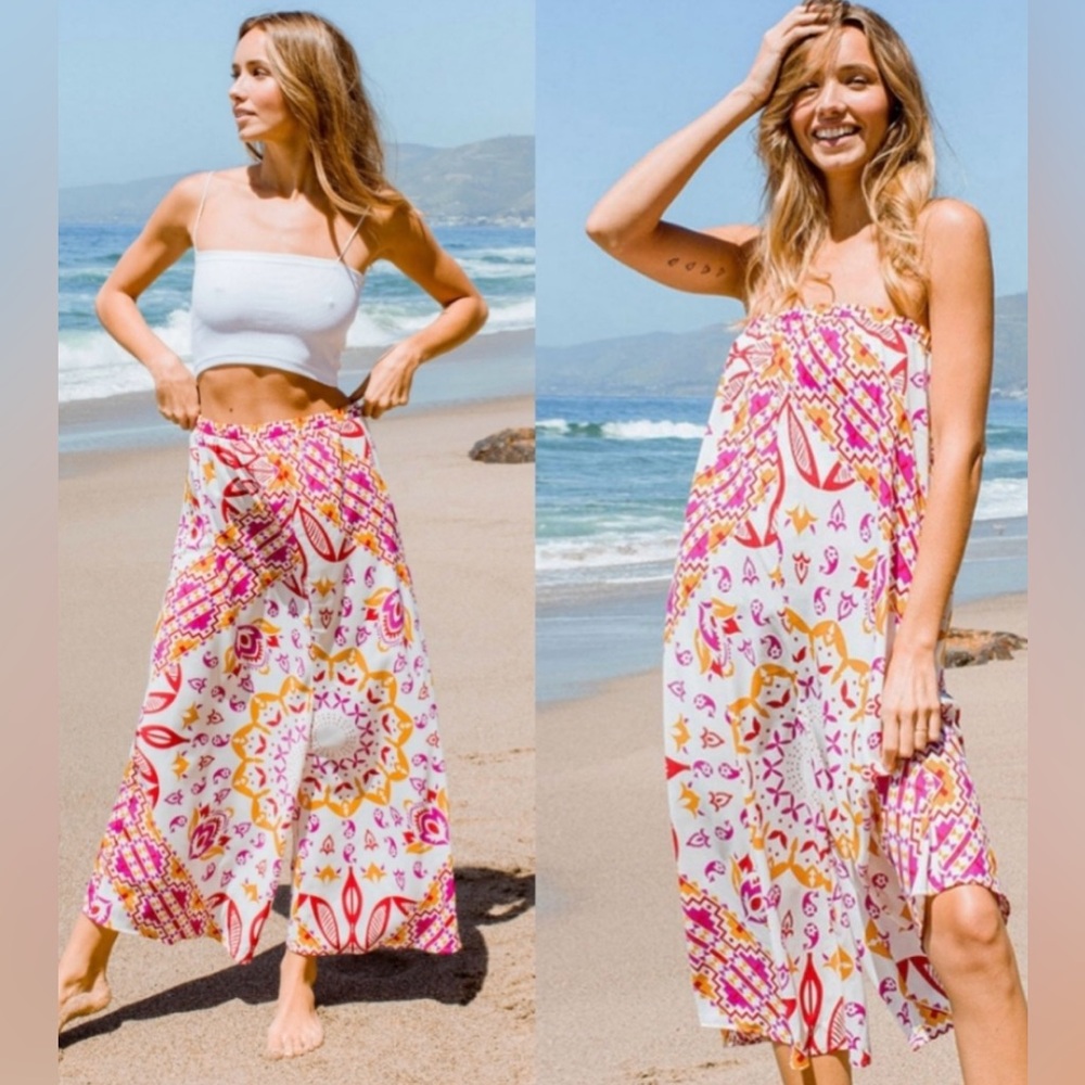 Caribbean Multicolor Convertible Wide Leg Romper Split Pant Beach Cover-up Swim